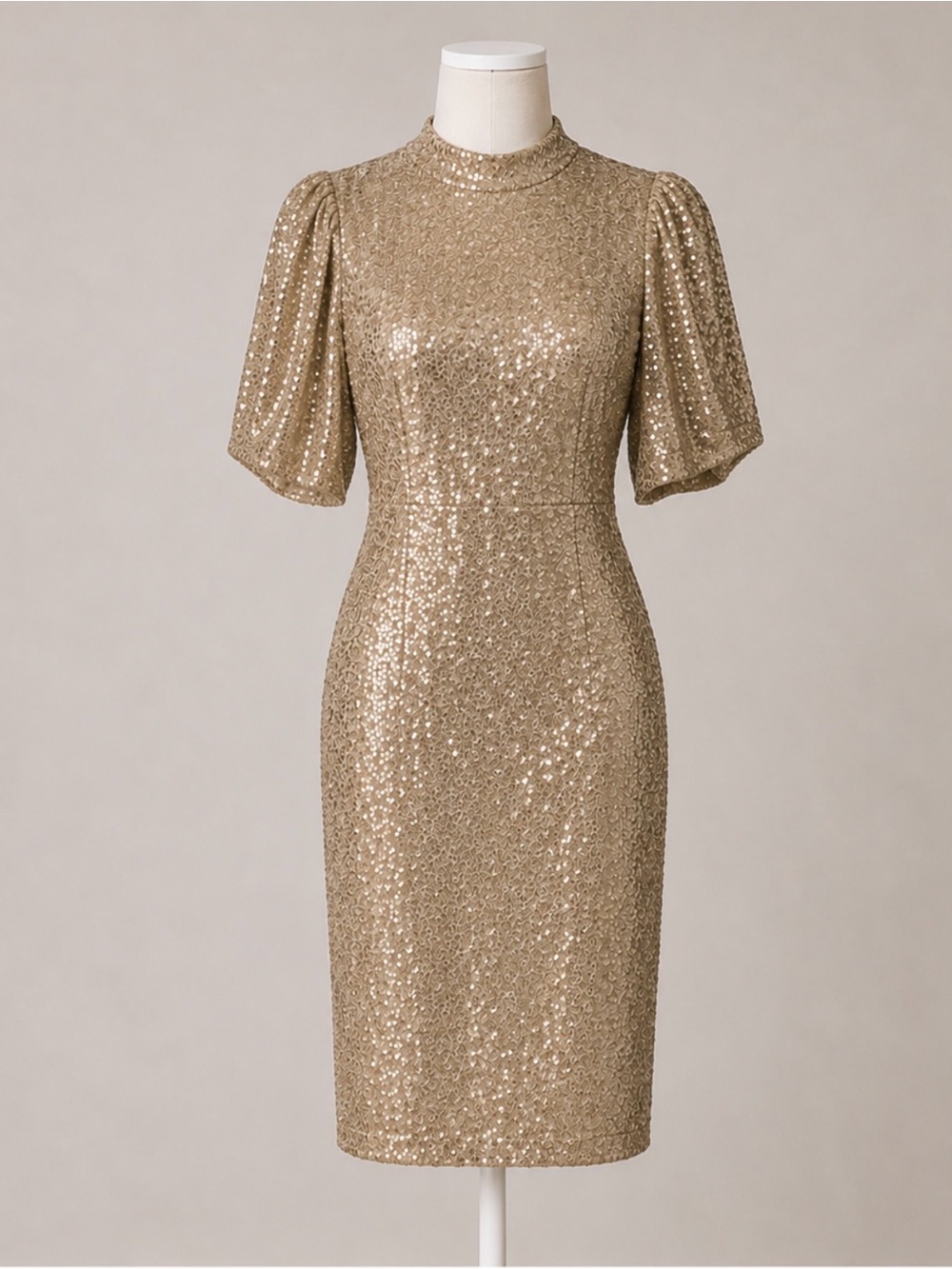 H&M Champagne Gold Sequin Midi Dress Puff Sleeve Back Zip Size Large